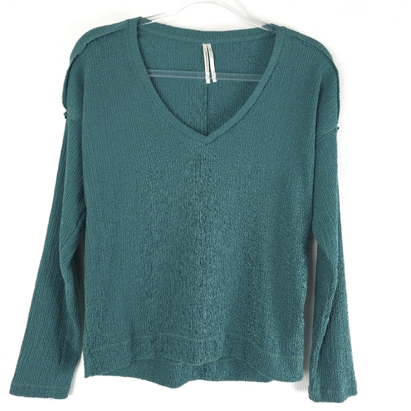Anthropologie Willa Textured Crinkled V-Neck Top in Blue/Green XS - Picture 1 of 8